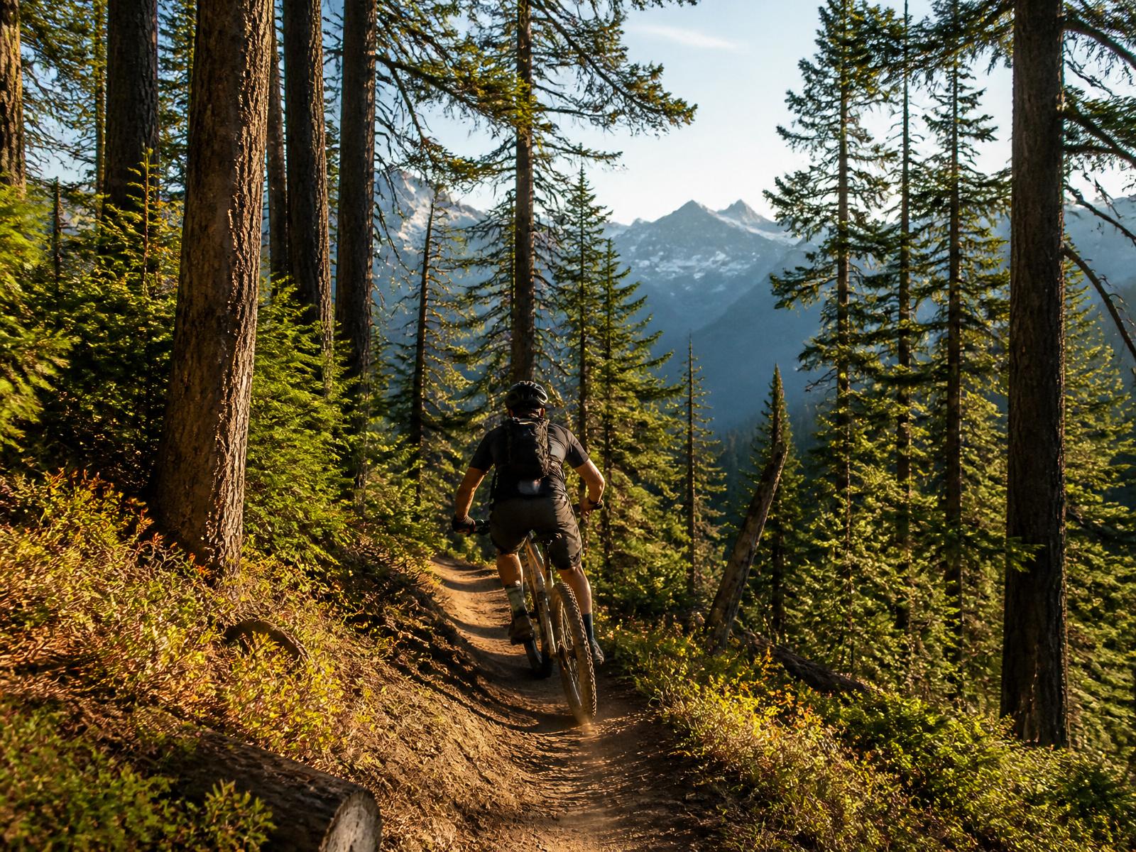 Singletrack winding through pine forest above downtown Roslyn, Washington