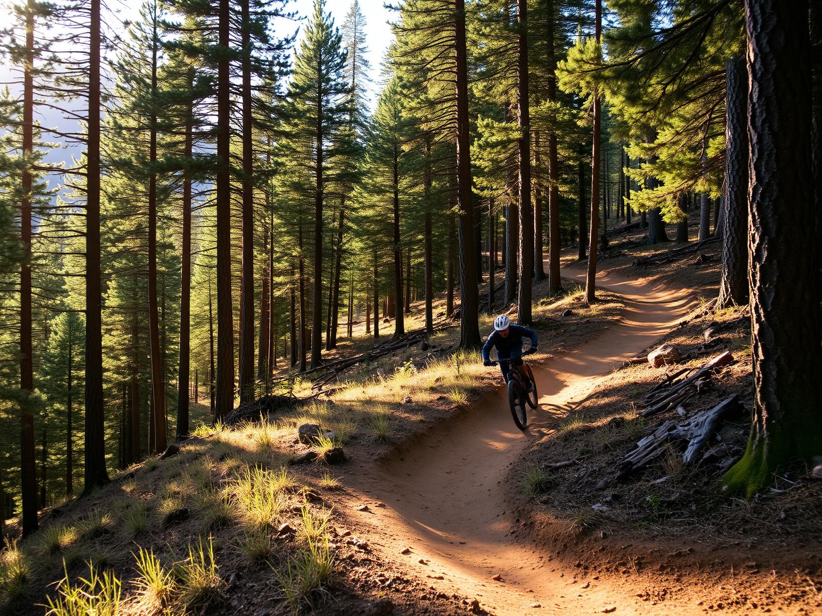 Bermed dirt singletrack cutting through Ponderosa pine forest near Cle Elum