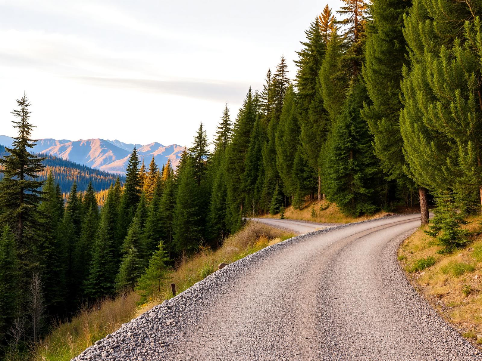 Gravel rail-trail cutting through evergreen forest with Cascade peaks in the distance